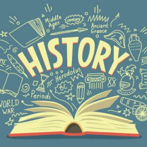 Open book with history doodles and lettering. Education vector illustration.
